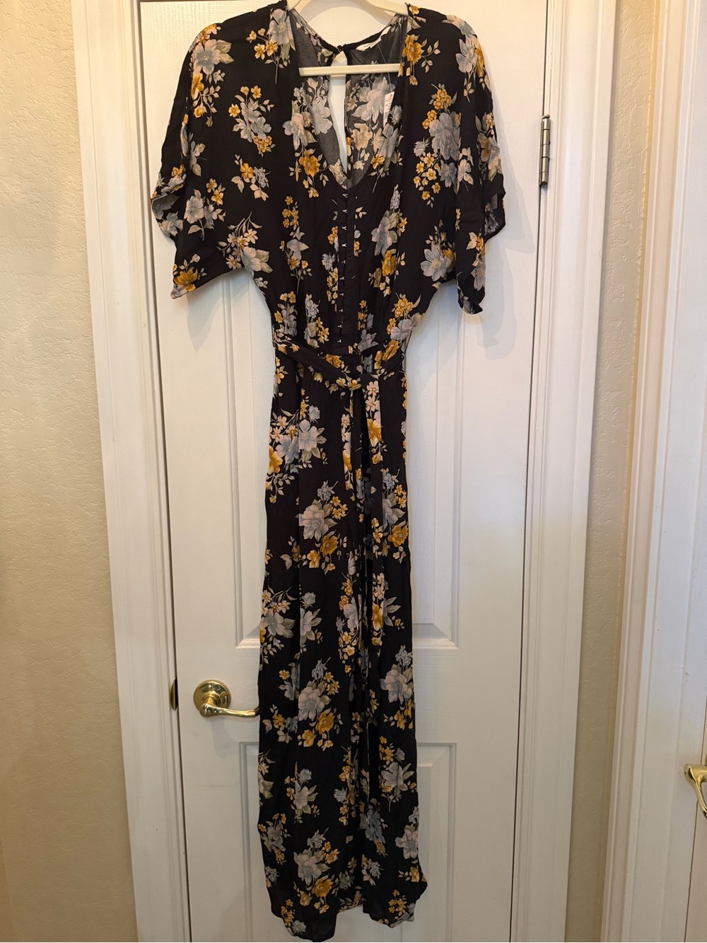 0003. American Eagle Outfitters Black Floral Jumpsuit with Yellow & Cream Blooms